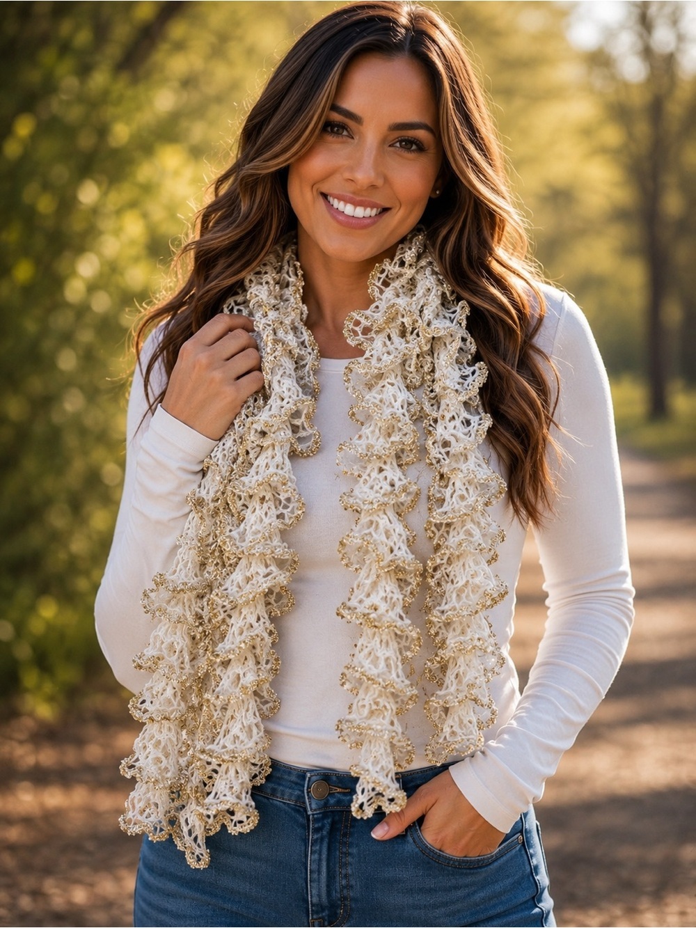 Ruffled Crochet Scarf in Cream with Gold Accent